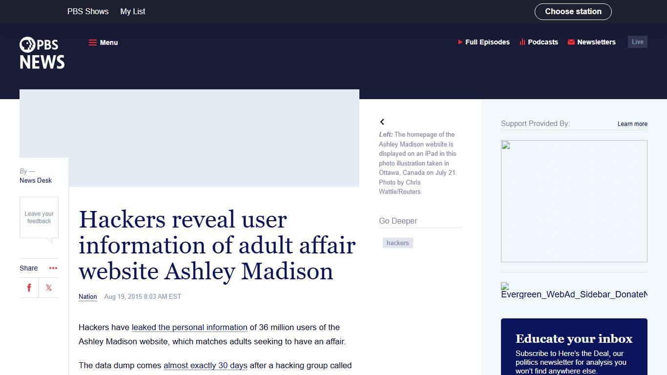 Hackers reveal user information of adult affair website Ashley Madison PBS News