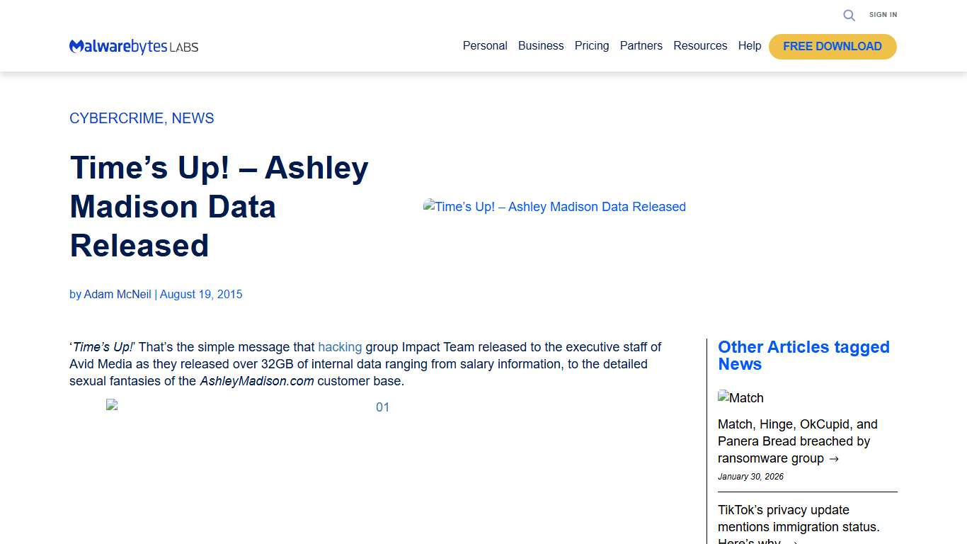 Time’s Up! – Ashley Madison Data Released Malwarebytes Labs